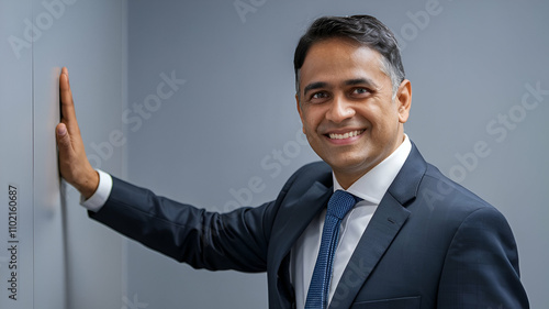 A headshot portrait of a happy middle-aged Indian professional businessman. He is 50 years old and is a CEO manager. He is standing in his office, with his hand on the wall. 