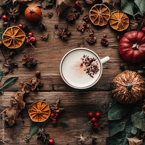 Autumnal flat lay with a cup of coffee, pumpkins, leaves, and spices on a rustic wooden background.