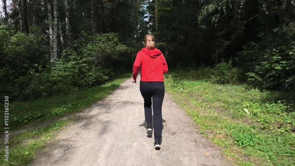 Woman jogging along a path in the forest, rear view Woman jogging along a path in the forest, rear view