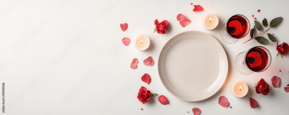 Flat lay composition with empty white plate, red wine glasses, candles, rose petals, and flowers on a white background. Flat lay composition with empty white plate, red wine glasses, candles, rose petals, and flowers on a white background.