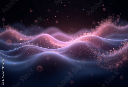 Abstract wavy landscape of glowing particles dark background purple and pink hues.