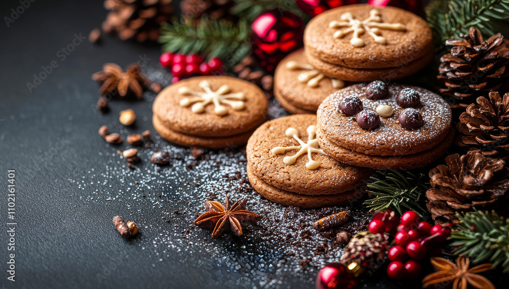 A plate of cookies with a sprinkle of cinnamon on top. The cookies are decorated with snowflakes and are piled on top of each other. The plate is surrounded by pine cones and berries A plate of cookies with a sprinkle of cinnamon on top. The cookies are decorated with snowflakes and are piled on top of each other. The plate is surrounded by pine cones and berries