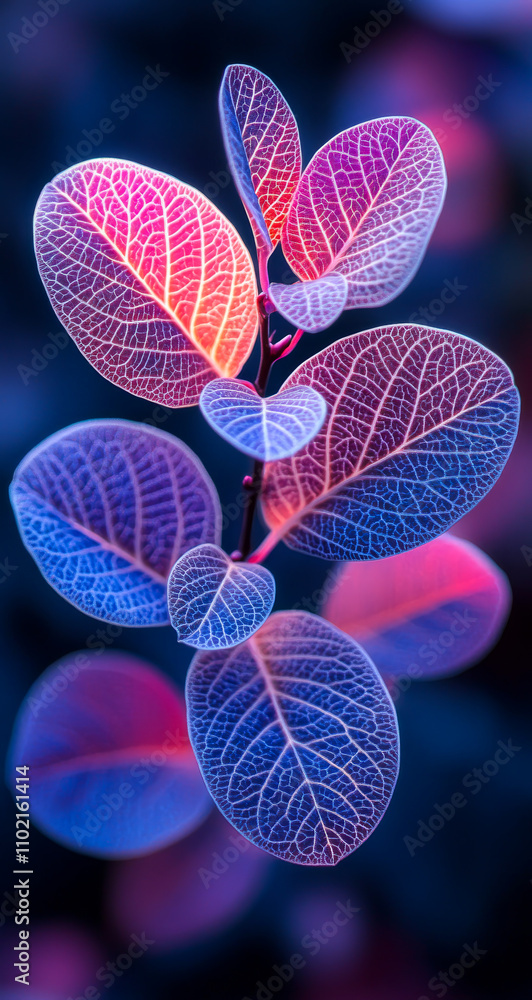 Fototapeta premium A close up of a leafy plant with a blue and pink hue. The image is a beautiful representation of nature's beauty and the vibrant colors of the plant