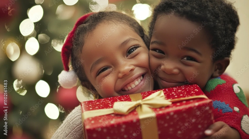 Young children hugging their Christmas presents, creating a joyful holiday scene. Young children hugging their Christmas presents, creating a joyful holiday scene.