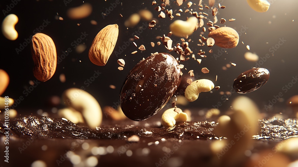 Dynamic Explosion of Nuts with Cocoa Bean on Textured Surface : Generative AI Dynamic Explosion of Nuts with Cocoa Bean on Textured Surface : Generative AI