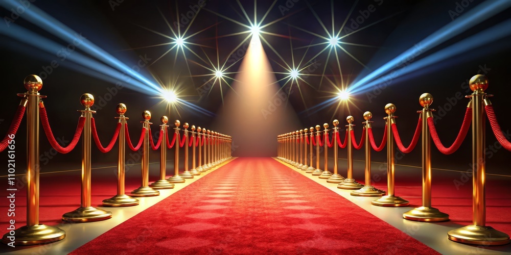Red Carpet Entrance with Golden Stanchions and Spotlight, Red Carpet, Award Ceremony , Celebrity Event Red Carpet Entrance with Golden Stanchions and Spotlight, Red Carpet, Award Ceremony , Celebrity Event