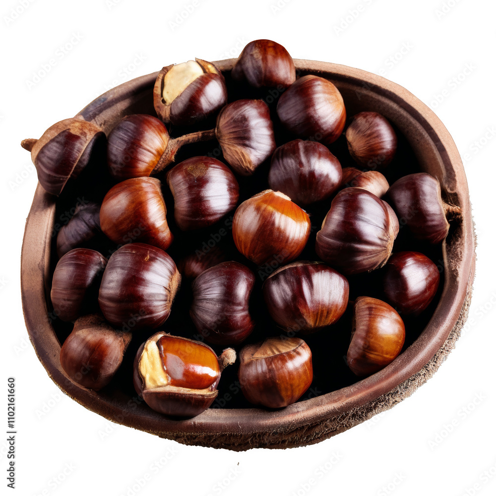 Obraz premium A bowl of nuts with a few pieces missing. Isolated on transparent background
