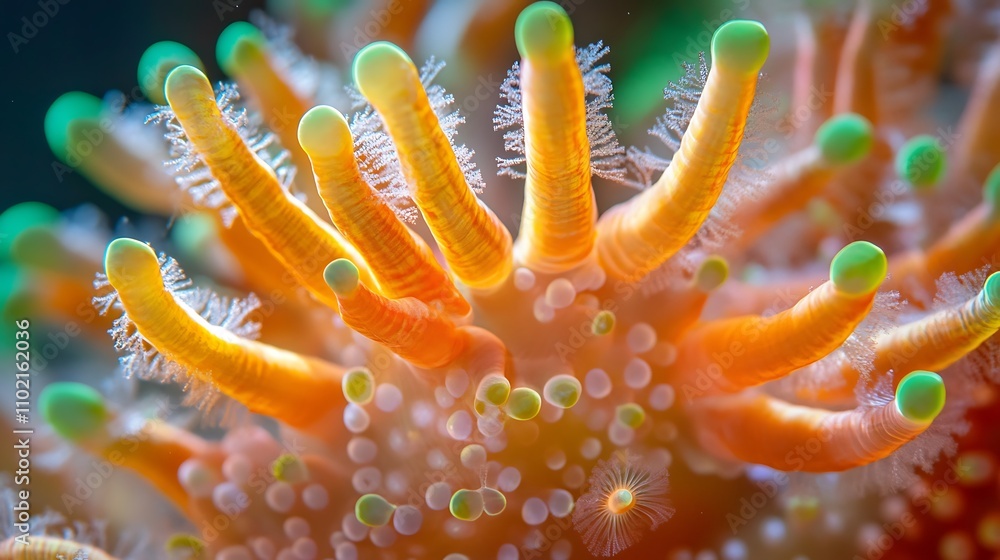Close-up of vibrant orange and green sea anemone tentacles. Close-up of vibrant orange and green sea anemone tentacles.