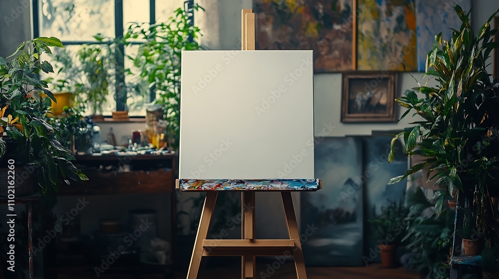Blank canvas on easel in artist's studio with plants and artwork. Blank canvas on easel in artist's studio with plants and artwork.