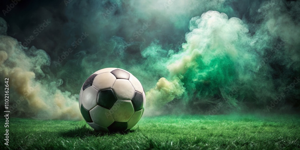 Fototapeta premium Soccer Ball in Smoke, Green Field, Sport, Football, Smoke Effect