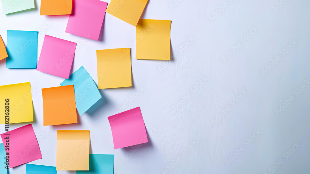 Colorful sticky notes scattered on a light background, perfect for reminders, organization, or brainstorming ideas in a creative workspace. Colorful sticky notes scattered on a light background, perfect for reminders, organization, or brainstorming ideas in a creative workspace.