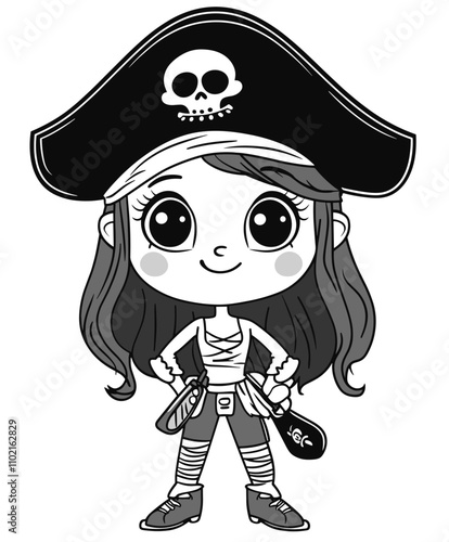 vector line drawing of a pirate girl on a white background .Generative AI
