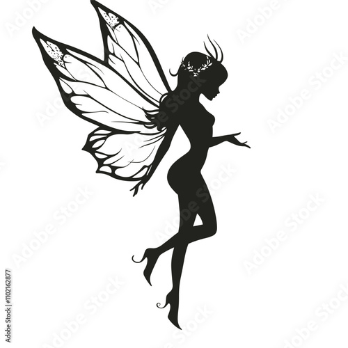 vector silhouette of a fairy tale fairy with wings tattoo on a white background .Generative AI