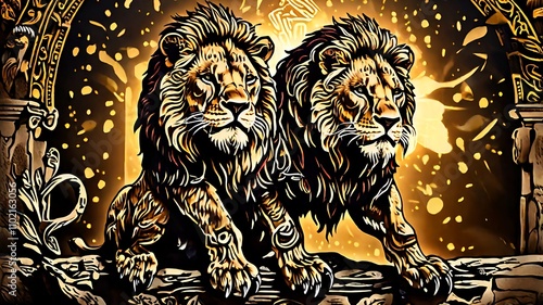 Wallpaper Mural Two majestic lions, richly detailed, sit on a stone ledge within an ornate archway, illuminated by a warm, golden light. Torontodigital.ca