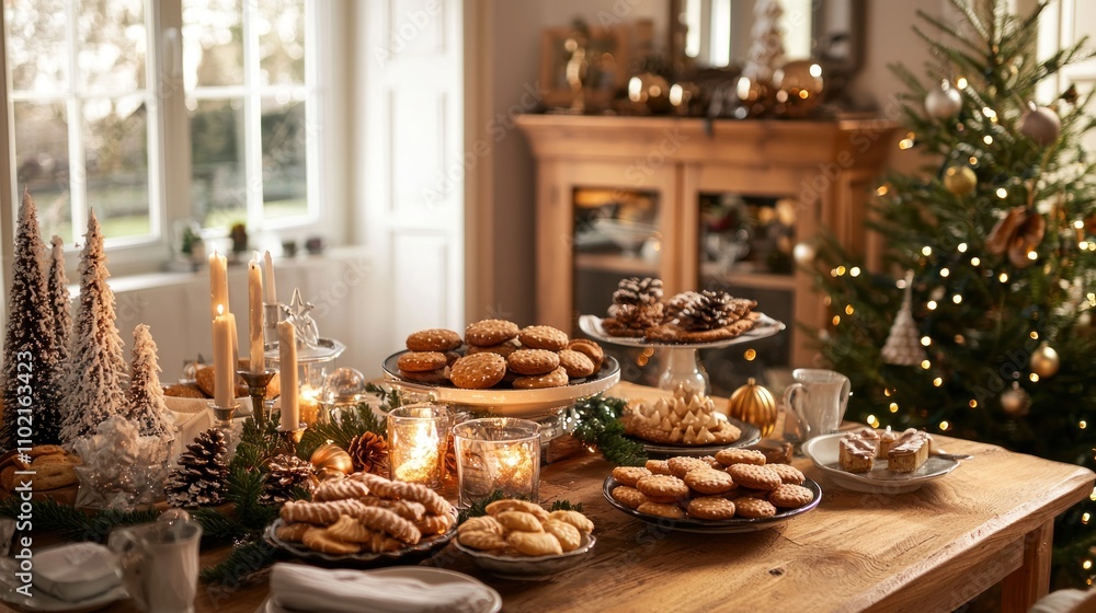 A cozy holiday scene featuring a table filled with Danish cookies and decorations, capturing the festive spirit. A cozy holiday scene featuring a table filled with Danish cookies and decorations, capturing the festive spirit.