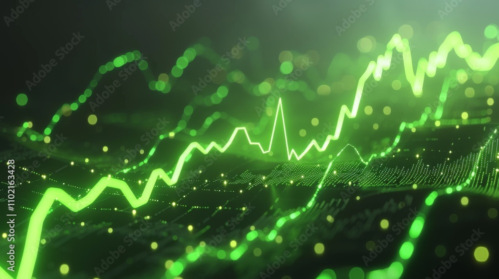 A striking 3D render featuring a green financial graph with glowing data points. The visual captures fluctuating lines and futuristic elements, ideal for stock market or tech-related themes. A striking 3D render featuring a green financial graph with glowing data points. The visual captures fluctuating lines and futuristic elements, ideal for stock market or tech-related themes.