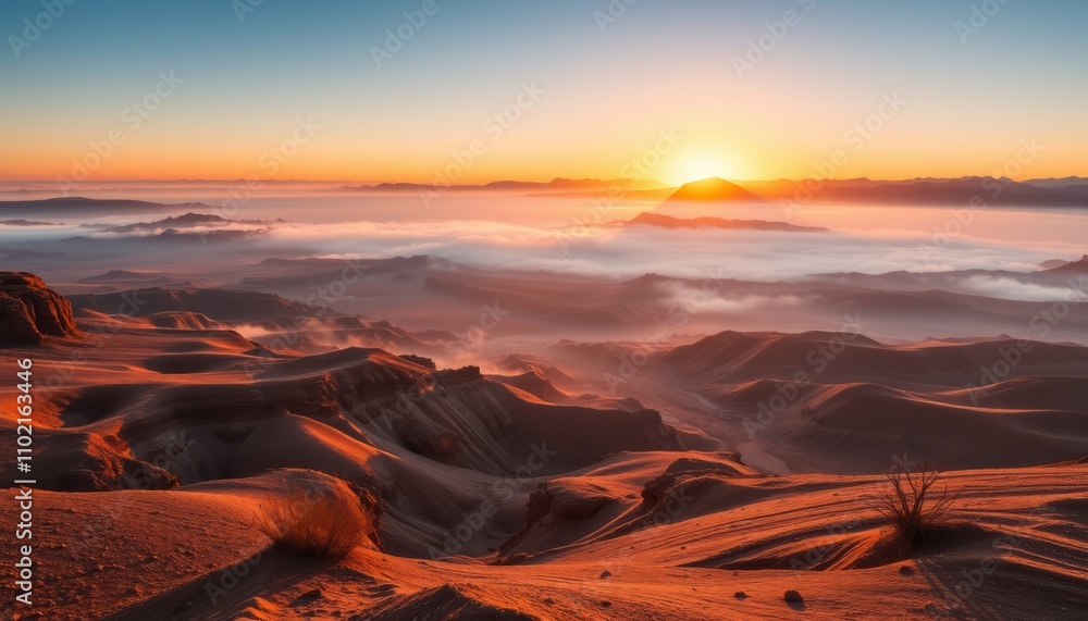 Naklejka premium Stunning desert sunrise over misty mountains and valleys.