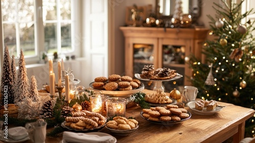 A cozy holiday scene featuring a table filled with Danish cookies and decorations, capturing the festive spirit.