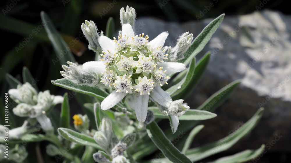Close-up of Edelweiss flower with bees, in natural setting. Close-up of Edelweiss flower with bees, in natural setting.