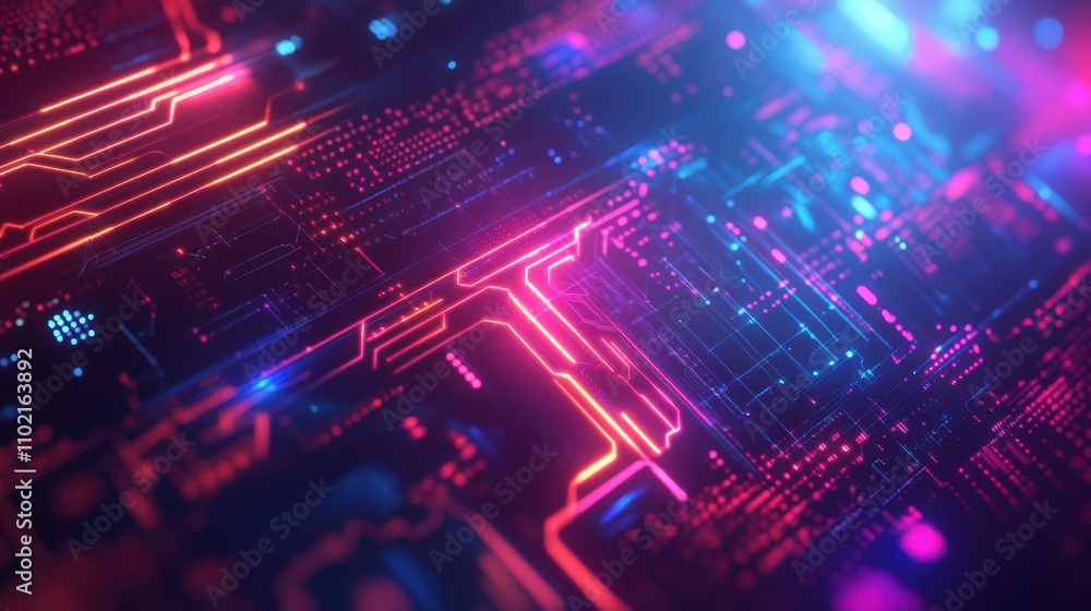 Futuristic neon circuit board in pink and blue glowing lights with high-tech patterns. Futuristic neon circuit board in pink and blue glowing lights with high-tech patterns.