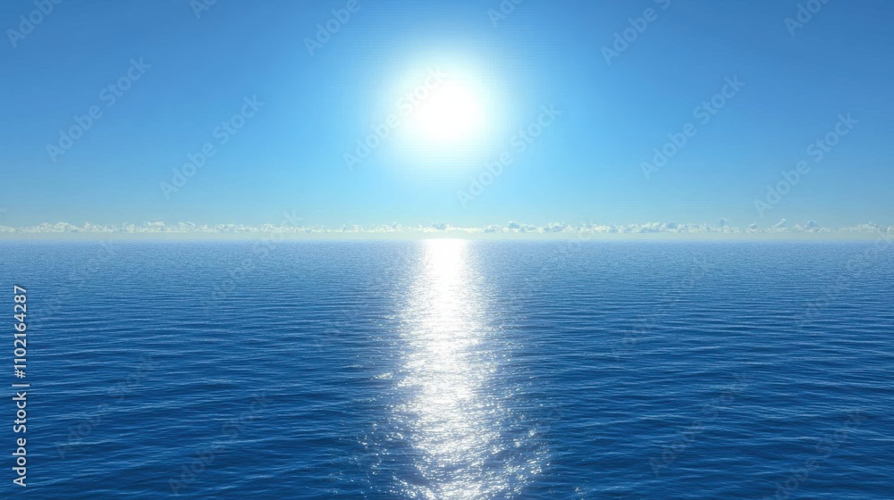 Bright sun reflecting on calm ocean waters during a clear day at midday Bright sun reflecting on calm ocean waters during a clear day at midday