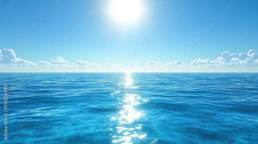 Obraz premium Bright afternoon sun reflecting off a calm ocean surface with fluffy clouds in the distance