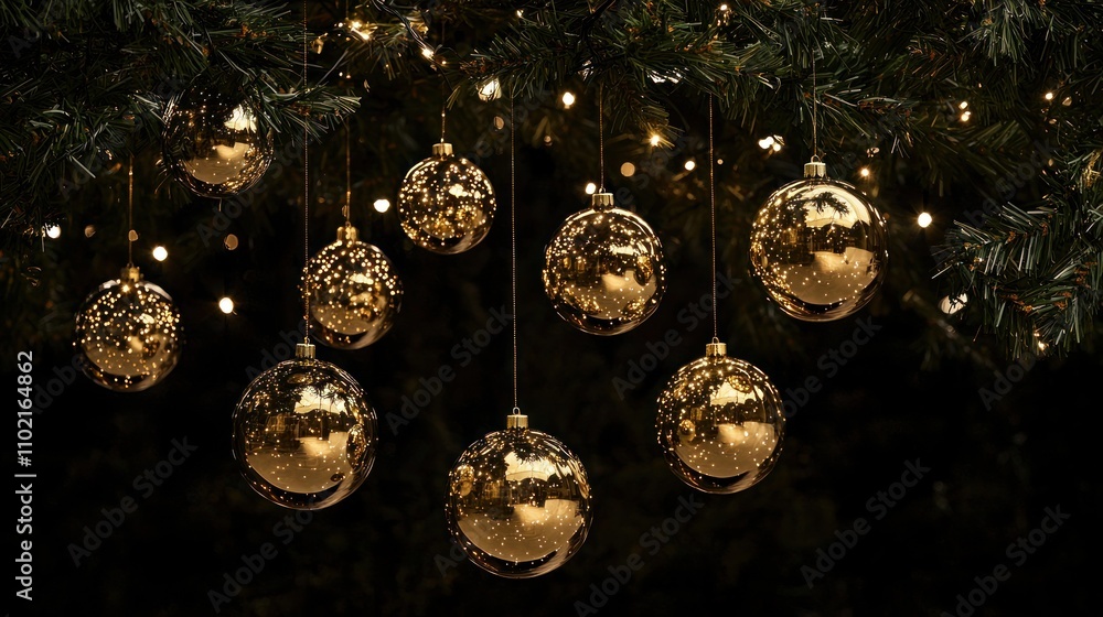 Gold Christmas baubles hanging from a tree with white lights for a sophisticated look. Gold Christmas baubles hanging from a tree with white lights for a sophisticated look.