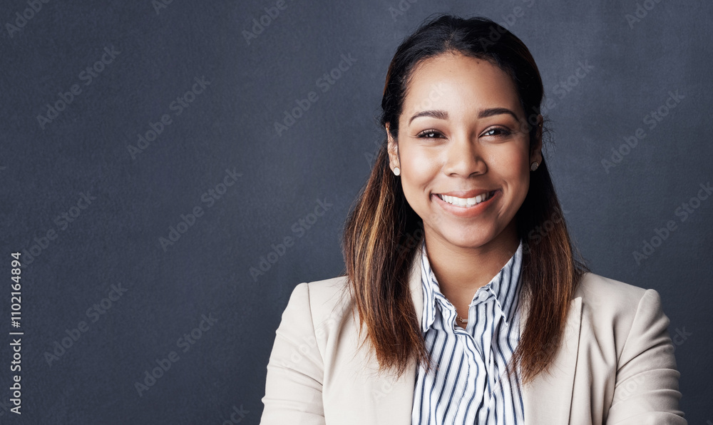 Fototapeta premium Studio, businesswoman and smile in portrait for law firm, justice mission and happiness with pride. Mockup space, female person and lawyer with confidence for court case, project and dark background