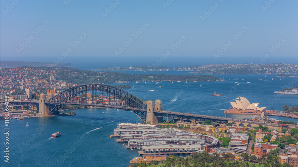 Obraz premium Aerial View of Sydney Harbour Balmain Darling harbour Sydney CBD cockle Bay Wharf North Sydney harbour bridge Lavender Bay Milsons Point Manly on a warm summer day blue skies 