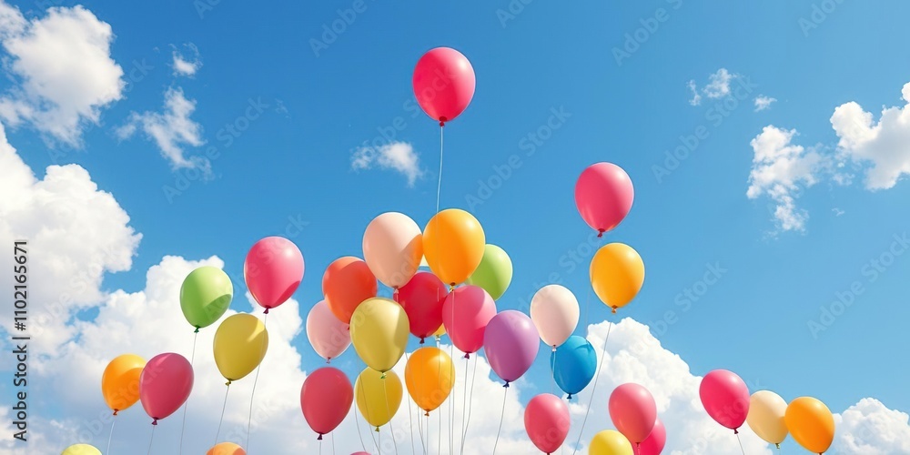 Colorful party balloons floating in the air amidst a bright blue sky with fluffy white clouds, happy birthday, festive Colorful party balloons floating in the air amidst a bright blue sky with fluffy white clouds, happy birthday, festive