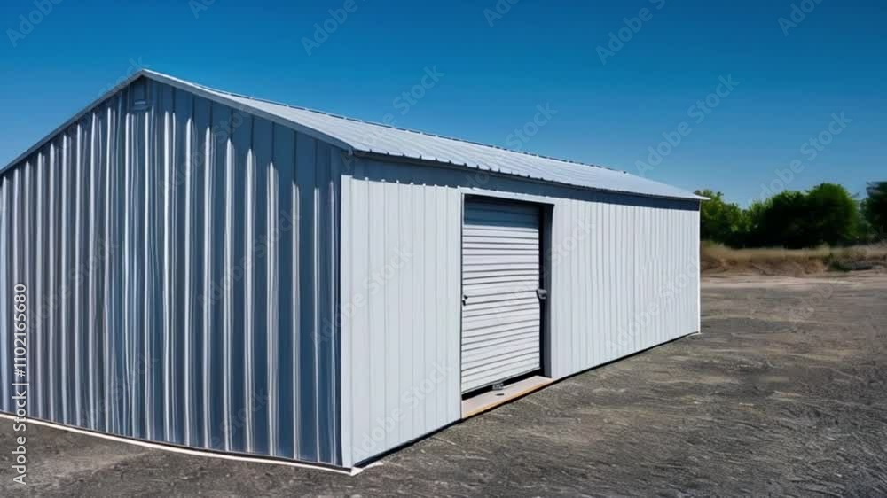 A large metal storage shed or garage with an open garage door, set on a gravel or dirt surface against a clear blue sky created with generative ai A large metal storage shed or garage with an open garage door, set on a gravel or dirt surface against a clear blue sky created with generative ai