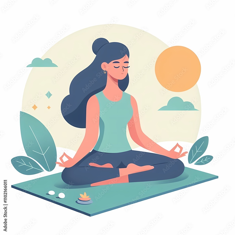 Minimalistic flat style illustration of a woman practicing meditation on a mat, set against a clean white background. Perfect for wellness, mindfulness, and relaxation-themed designs. Minimalistic flat style illustration of a woman practicing meditation on a mat, set against a clean white background. Perfect for wellness, mindfulness, and relaxation-themed designs.