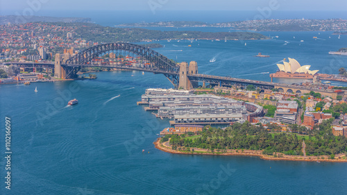 Aerial View of Sydney Harbour Balmain Darling harbour Sydney CBD cockle Bay Wharf North Sydney harbour bridge Lavender Bay Milsons Point Manly on a warm summer day blue skies 
