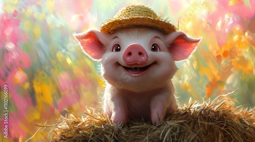 Happy Piglet Wearing Straw Hat in Hay photo