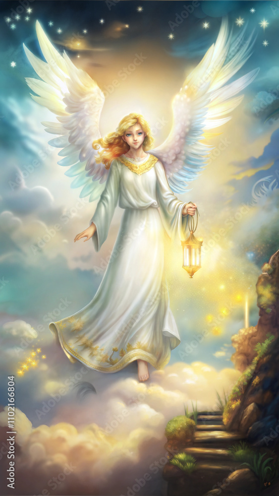 Captivating illustration of an angel holding a lantern descending from clouds
Captivating illustration of an angel holding a lantern descending from clouds