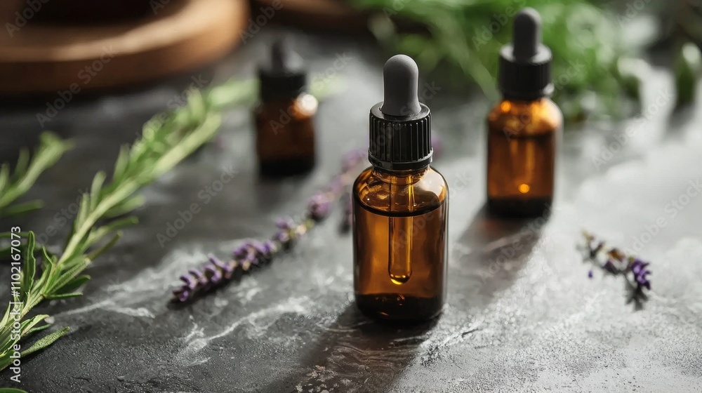 Natural essential oil bottles with lavender on dark stone surface Natural essential oil bottles with lavender on dark stone surface