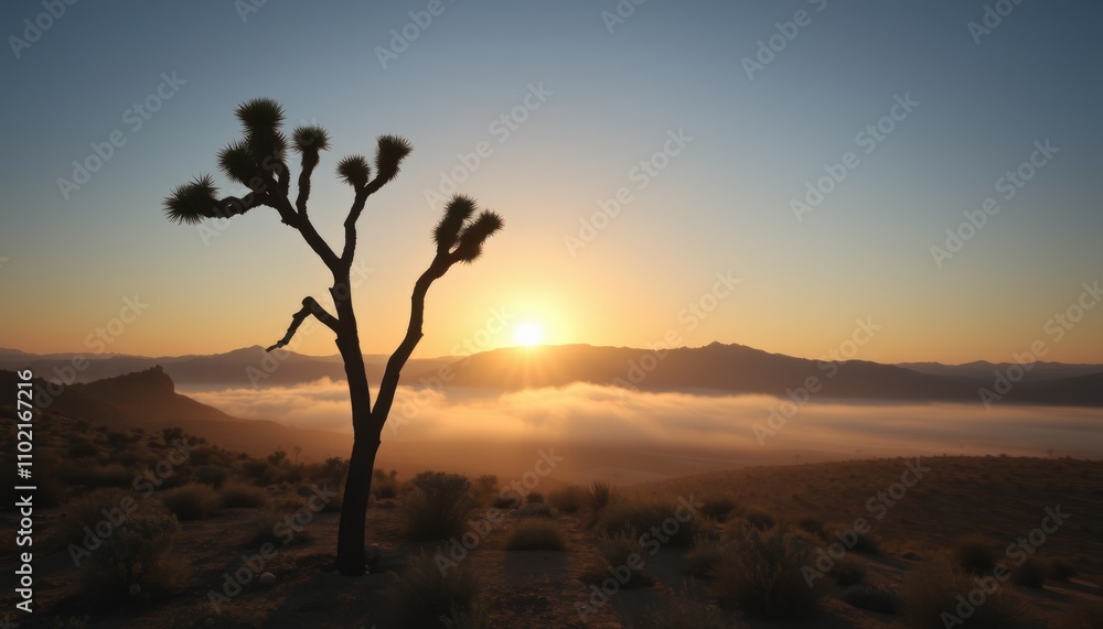 Sunrise over desert landscape with Joshua tree silhouette and fog. Sunrise over desert landscape with Joshua tree silhouette and fog.