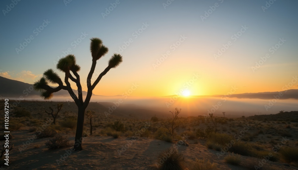 Obraz premium Sunrise over desert landscape with Joshua tree silhouette.