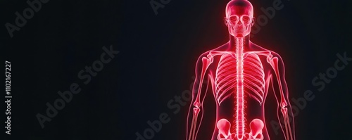 Stylized human skeleton illustration showcasing the skeletal system on a dark background, emphasizing anatomical structures. photo