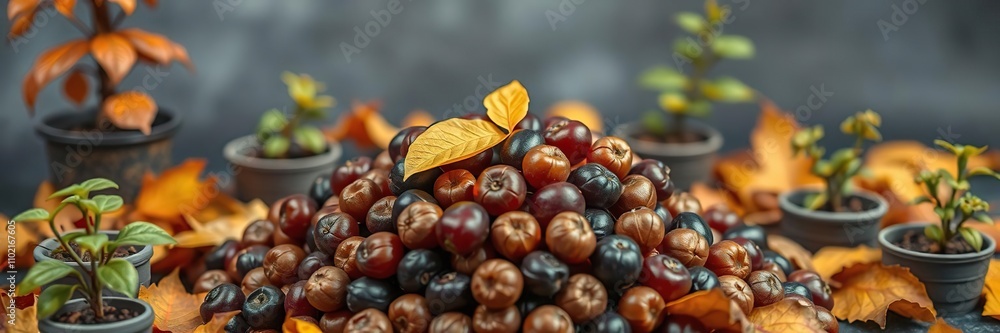 Fototapeta premium Dried plum pile with a small leaf on top surrounded by small potted plants and autumn leaves, autumn leaves, kitchen table setting, dried plums