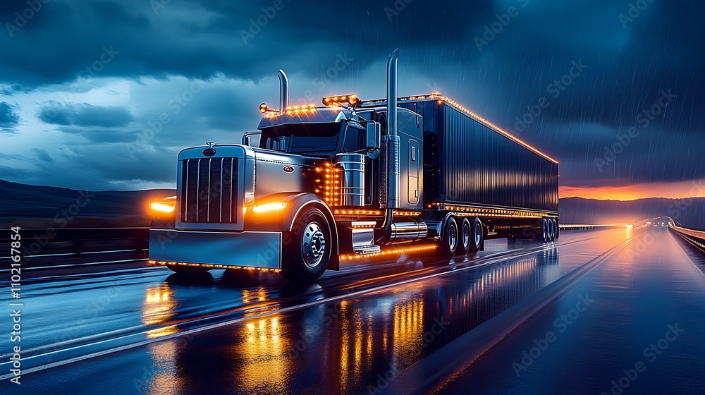 Large Freight Truck Reflecting on Wet Highway at Night Under Ominous Cloudy Sky : Generative AI Large Freight Truck Reflecting on Wet Highway at Night Under Ominous Cloudy Sky : Generative AI