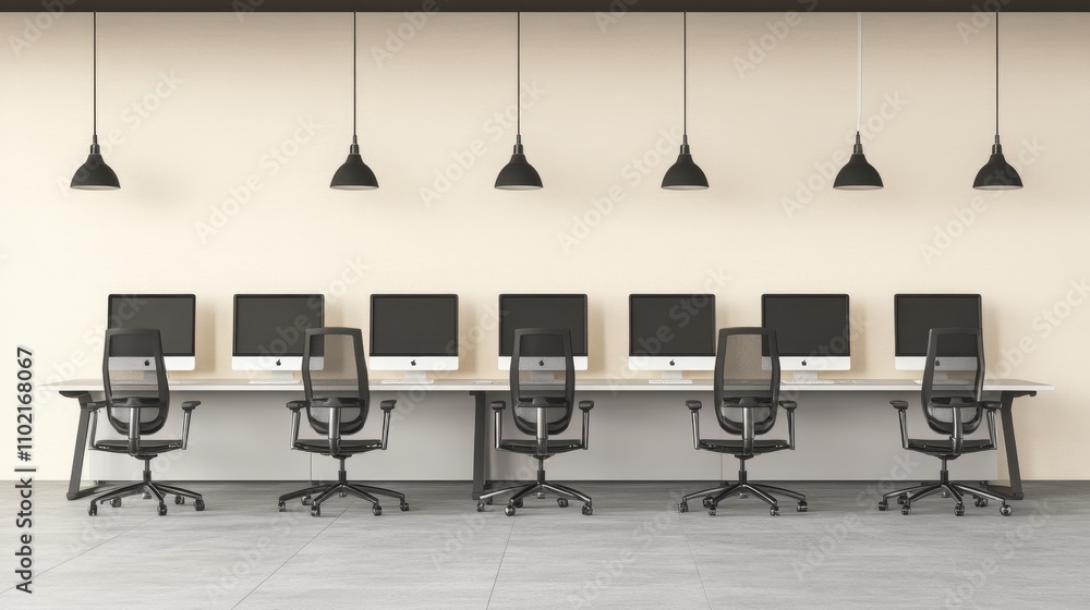 Fototapeta premium Minimalist Office Workspace with Computers and Hanging Lamps