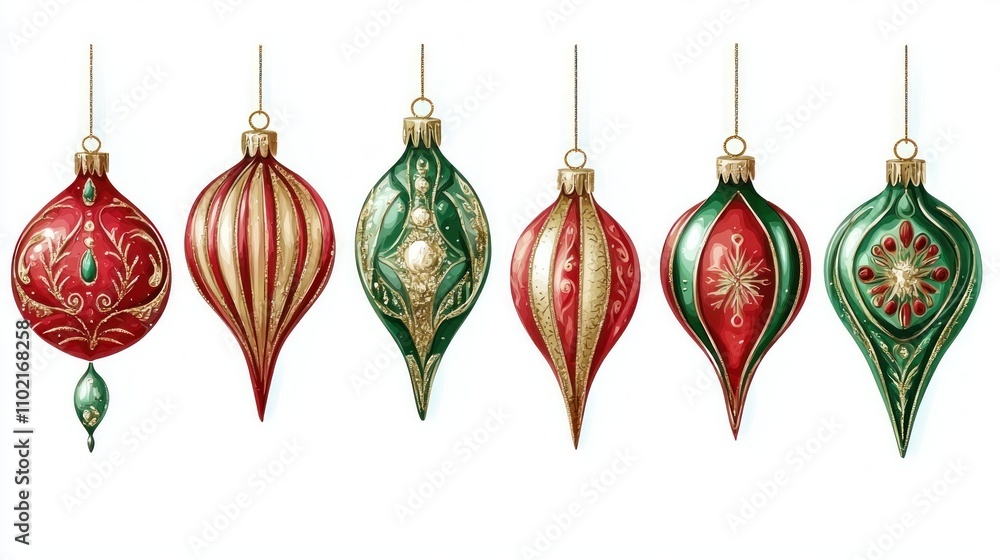 Vector illustration of holiday ornaments in red, green, and gold on a white background. Vector illustration of holiday ornaments in red, green, and gold on a white background.