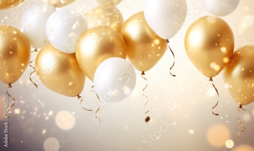 Celebration event with gold and white balloons festive atmosphere digital art joyful concept