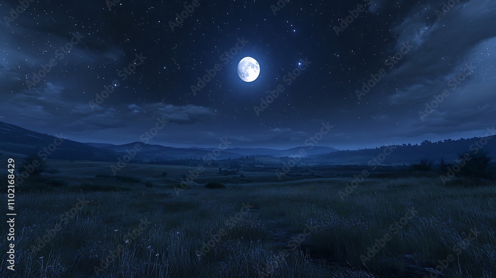 Bright full moon illuminates a serene night sky over a tranquil landscape filled with stars Bright full moon illuminates a serene night sky over a tranquil landscape filled with stars