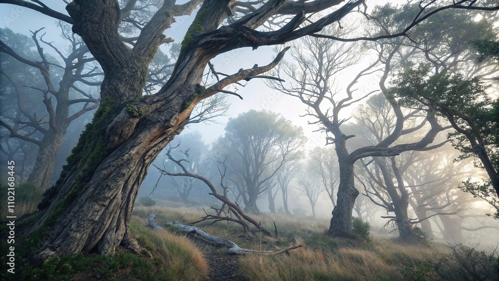 Fog swirls around a group of twisted trees their gnarled trunks like withered fingers reaching towards the sky, primeval forest, foggy forest, eerie atmosphere Fog swirls around a group of twisted trees their gnarled trunks like withered fingers reaching towards the sky, primeval forest, foggy forest, eerie atmosphere