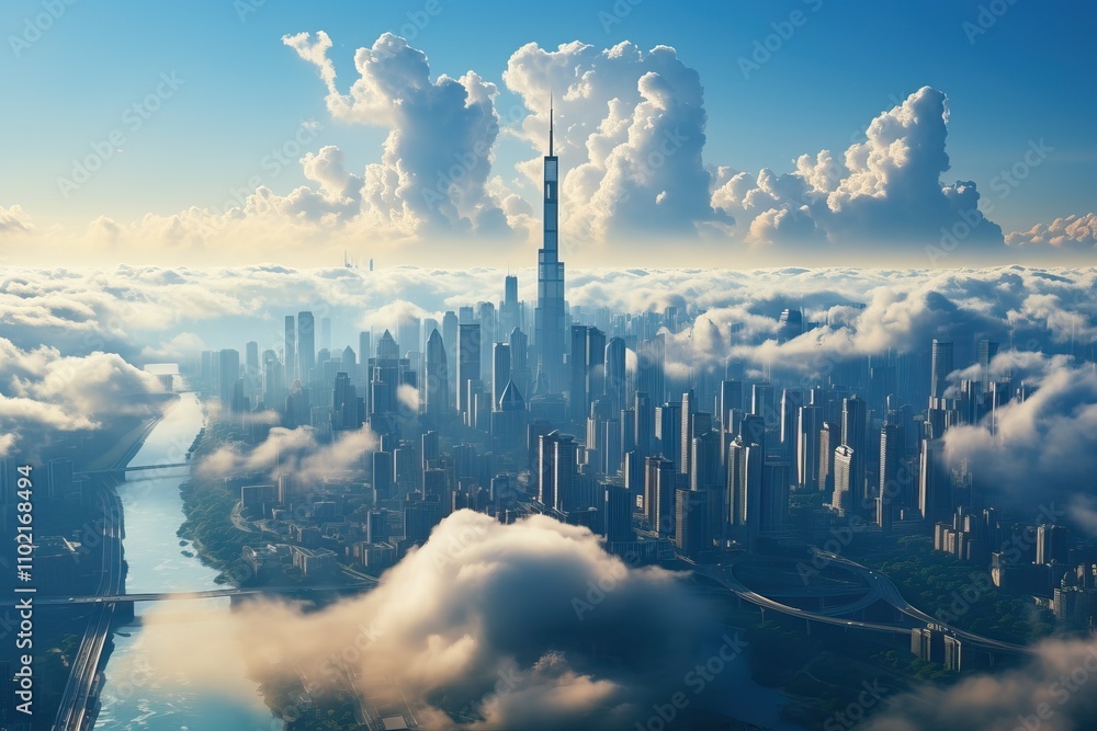 Fototapeta premium Metropolis in the clouds and above them.