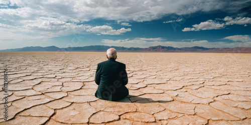 An elderly man sits alone on a cracked desert landscape, symbolizing isolation, despair, and the impact of environmental challenges, with a vast, empty horizon and dramatic sky