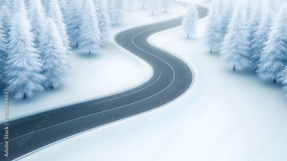 curved snow-covered road in winter forest with snowy trees and icy asphalt curved snow-covered road in winter forest with snowy trees and icy asphalt