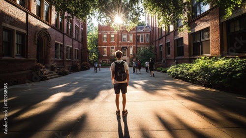 Sunlit University Campus Courtyard with Student Walking